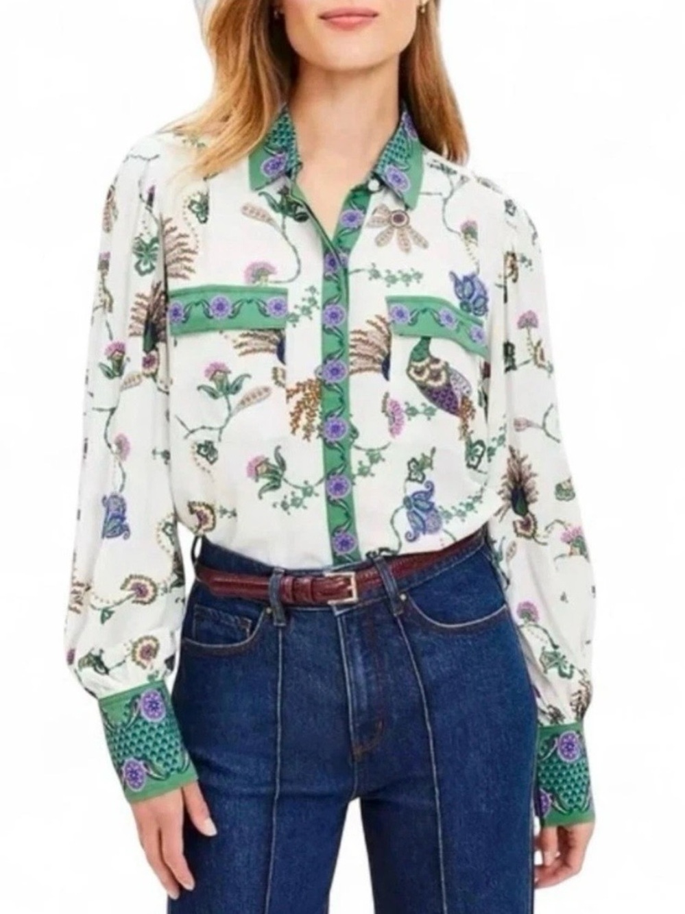 LOFT Pheasant Floral Paisley Crepe Pocket Shirt Large Button Down Boho Chic